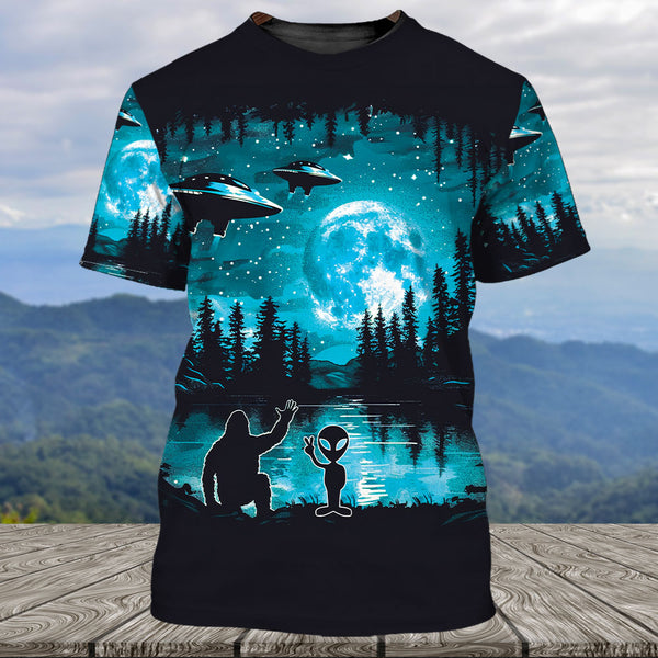 Bigfoot And Alien Say Goodbye All Over Print Shirt