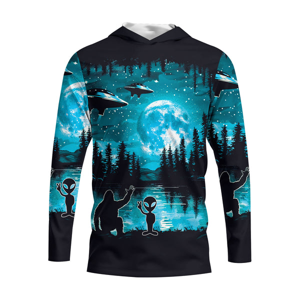 Bigfoot And Alien Blue Long Sleeve Hooded Shirt