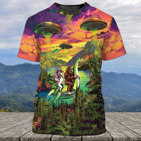 Bigfoot Alien And Unicorn Riding Nessie Monster All Over Print Shirt