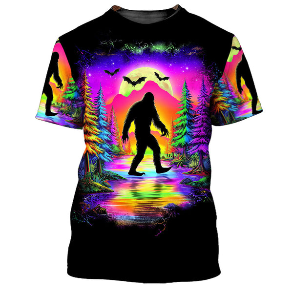Bigfoot  Walking Along The Riverbank In A Moonlight Forest All Over Print Shirt