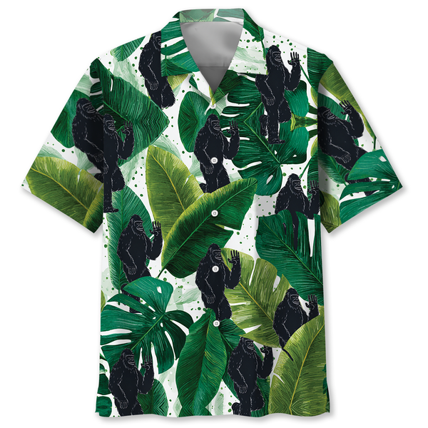 Bigfoot Silhouette Monstera Leaves Hawaiian Shirt