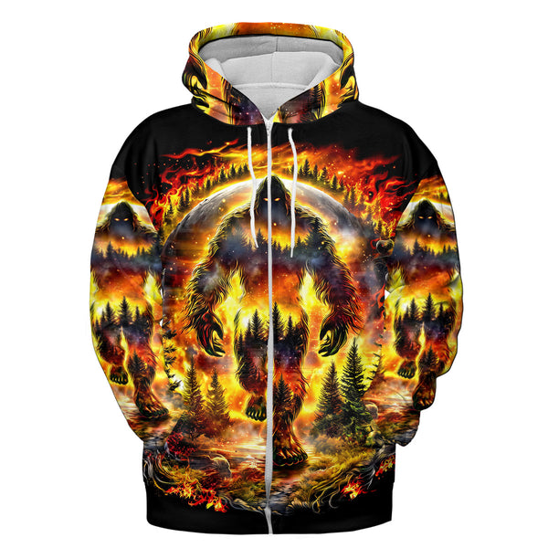 Bigfoot In The Forest Fiery All Over Print Shirt