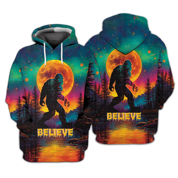 Bigfoot Believe Under The Moon Night Forest All Over Print Shirt