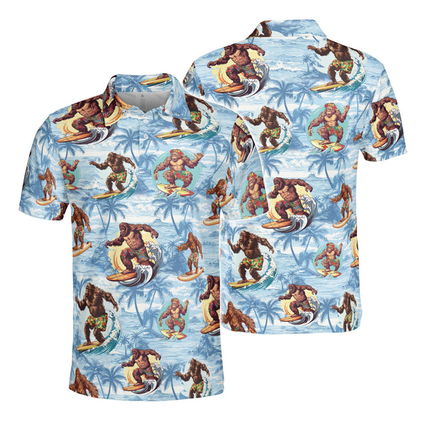 Funny Bigfoot Surfing Polo Shirt For Men