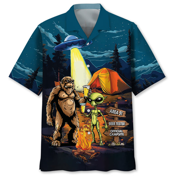 Camping Alien Bigfoot Area 51 Hawaiian Shirt