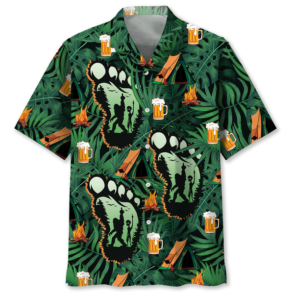 Camping Bigfoot Alien Fire and Beer Hawaiian Shirt