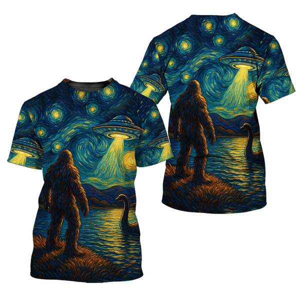 Alien Stalk Bigfoot And Loch Ness Monster Starry Night All Over Print Shirt