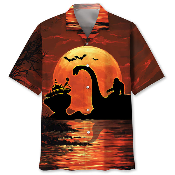 Halloween Bigfoot Riding on Lochness Monster and Alien Hawaiian Shirt