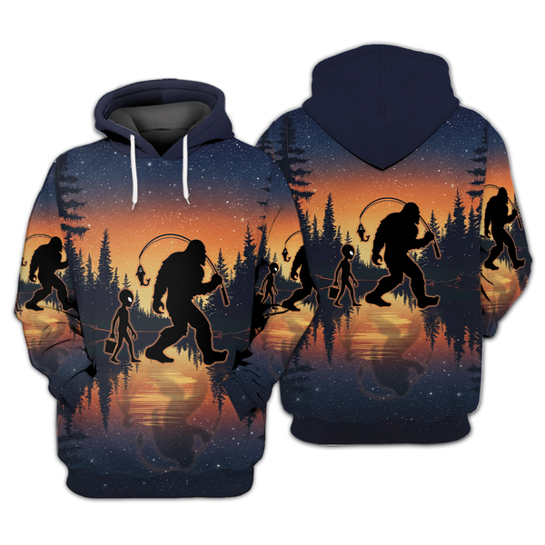 Bigfoot And Alien Go Fishing Night Forest All Over Print Shirt