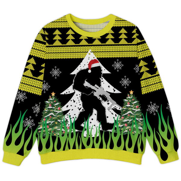 Bigfoot With Gun On Fire Chrismas Ugly Sweater