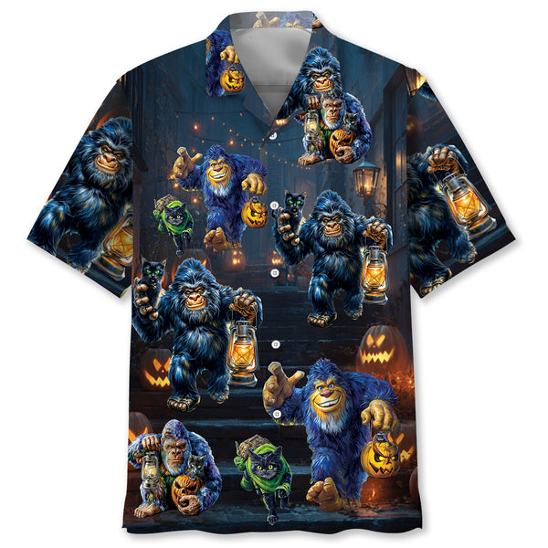 Bigfoot Catching Black Cat For Halloween Night Hawaiian Shirt