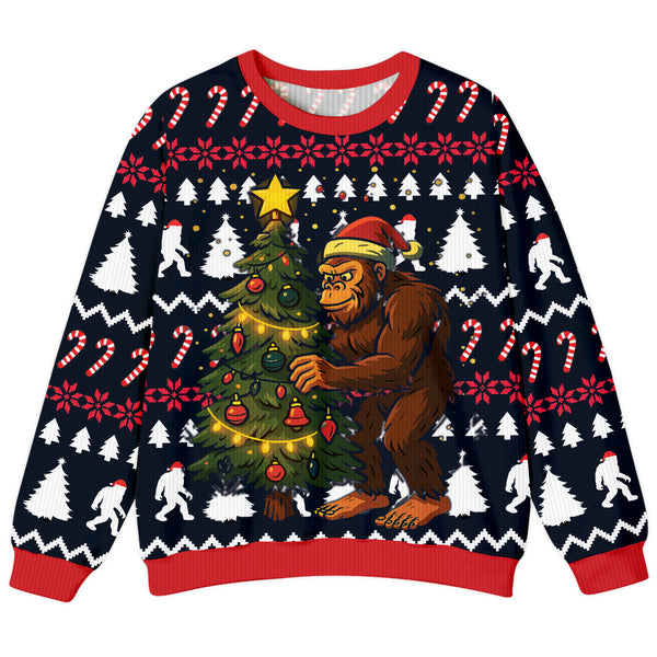 Bigfoot Decorating Christmas Tree Ugly Sweater