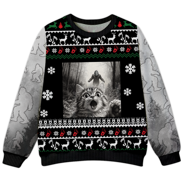 Funny Surprised Scared Cat Selfie With Sasquatsch Bigfoot Christmas Ugly Sweater