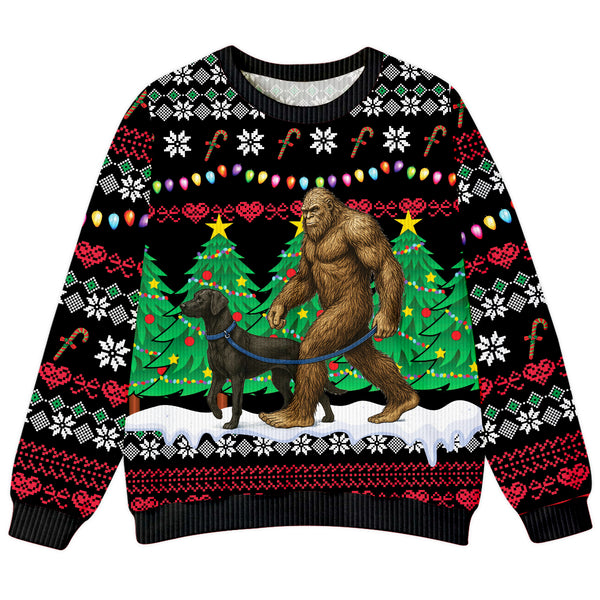 Bigfoot Walking His Dog Through The Snow Christmas Ugly Sweater