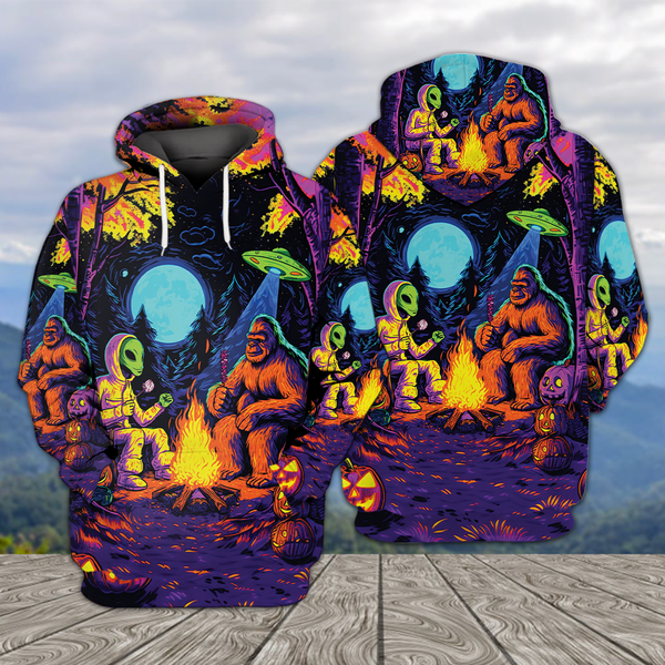 UFO Alien and Bigfoot – Spooky Halloween Camping Night All Over Print Shirt