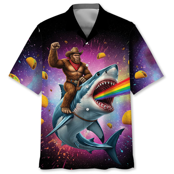 Cowboy Bigfoot Riding Rainbow Shark Funny Hawaiian Shirt