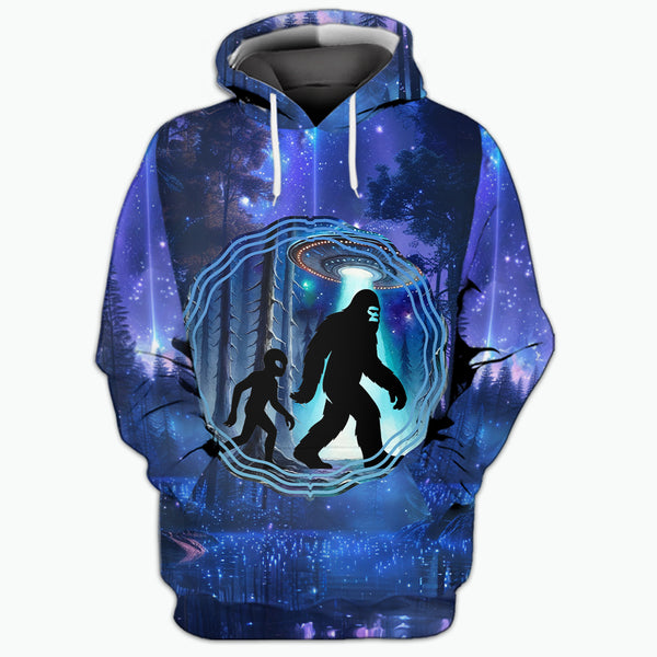 Bigfoot And Alien Night Forest All Over Print Shirt