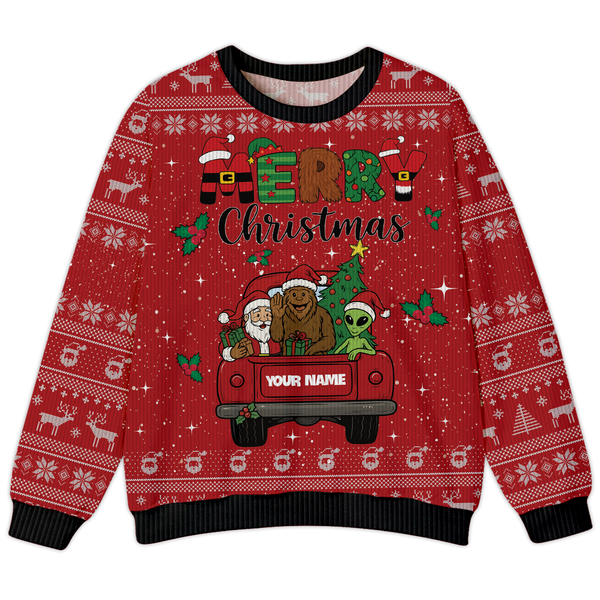 Custom Name Funny Bigfoot Santa & Alien Merry Christmas Ugly Sweater