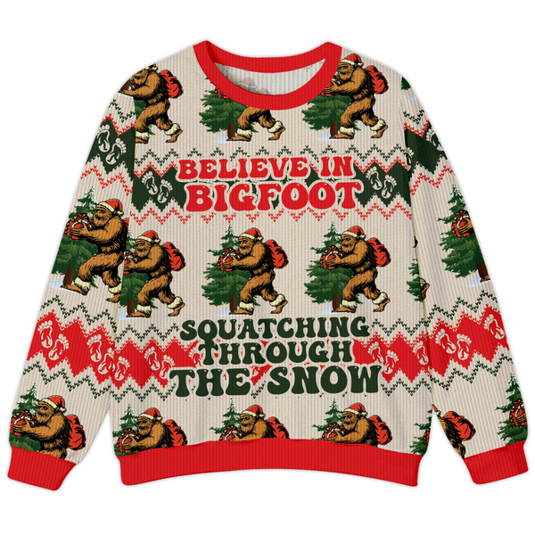 Believe In Bigfoot Squatching Through The Snow Christmas Ugly Sweater