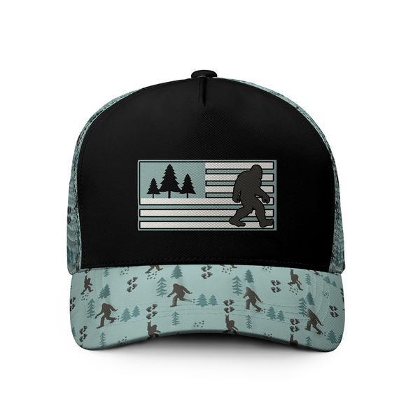 Bigfoot American Flag Pine Tree Trucker Hat